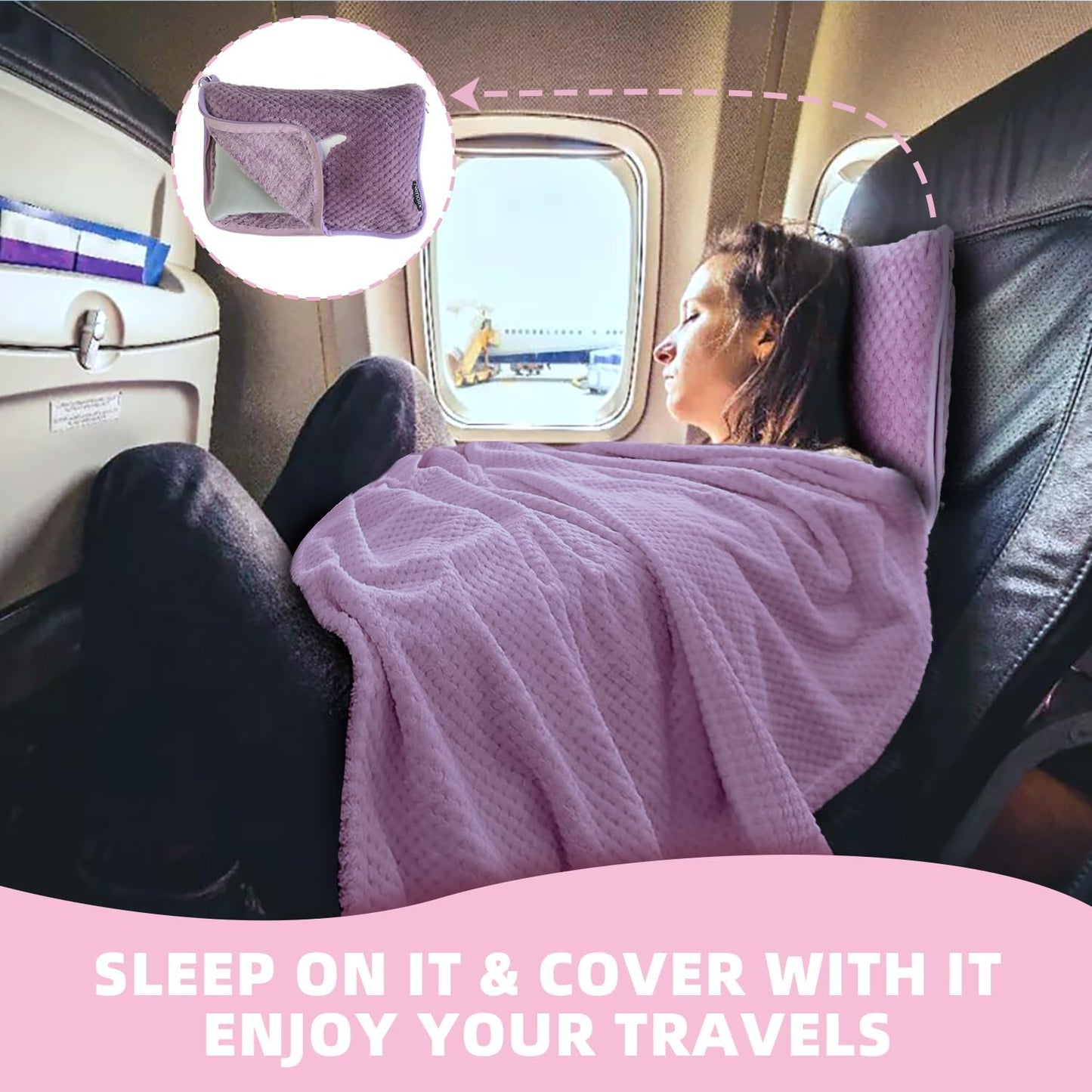 3 in 1 Travel Blanket Pillow Set - 350 GSM Thick Travel Blanket Airplane Compact with Bag, Soft Bag with a Pocket, Inflatable Travel Pillow for Camping & Car Trip(Mint Green)