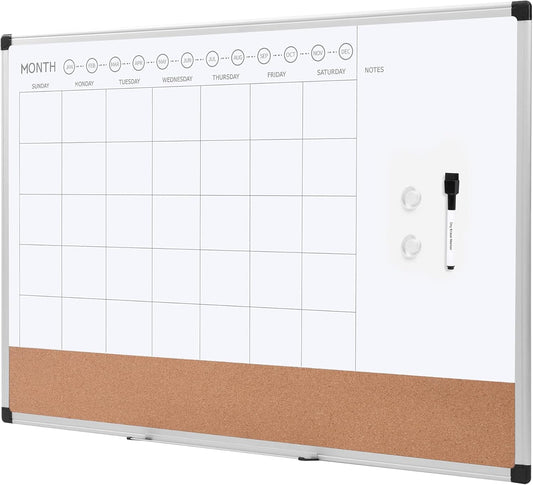 Amazon Basics 24" x 36" Monthly Whiteboard Calendar with Cork Board, Dry Erase Magnetic Whiteboard for Daily Planning, Wall Mounted, Silver Aluminum Frame