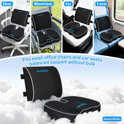 SweetSlubr Ergonomic Memory Foam Seat Cushion & Lumbar Support Pillow Set, Orthopedic Coccyx Cushion for Office Chair, Car, Home – Relieves Back, Sciatica & Tailbone Pain, Improves Posture Black/Large