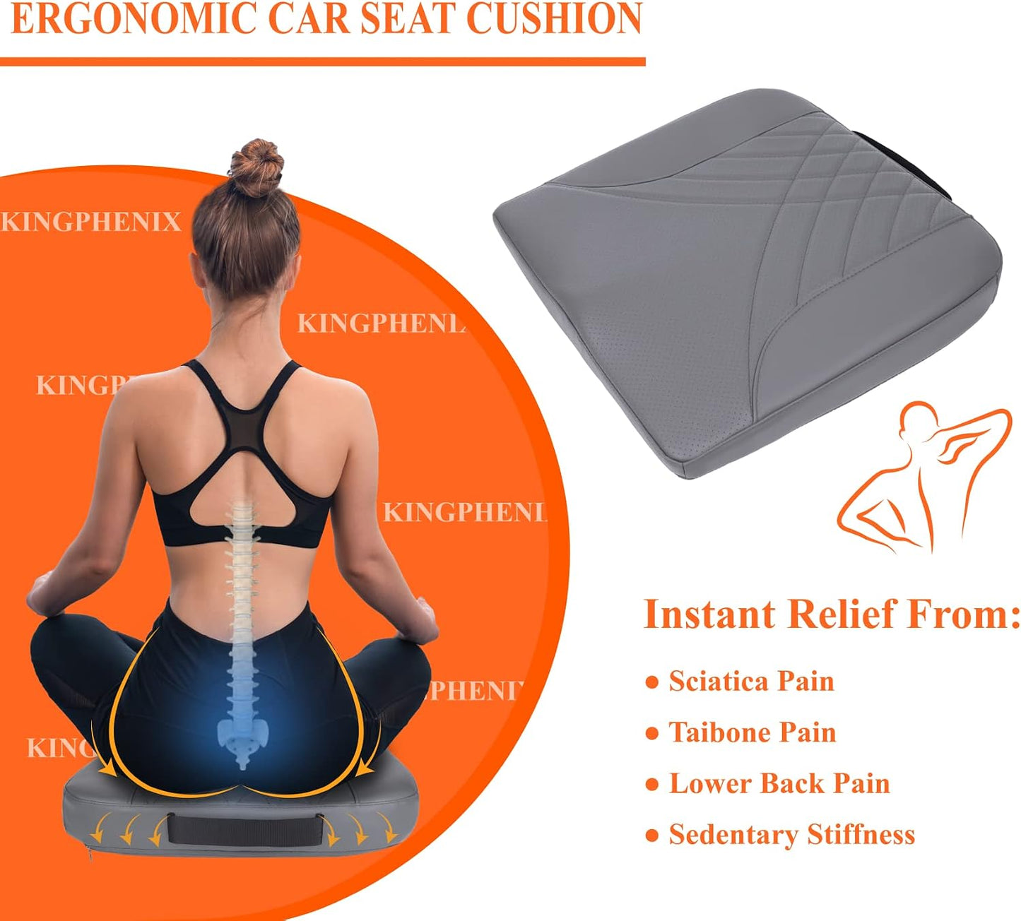 kingphenix Premium Car Seat Cushion, Memory Foam Driver Seat Cushion to Improve Driving View- Coccyx & Lower Back Pain Relief - Seat Cushion for Car, Truck, Office Chair (Leather Black)