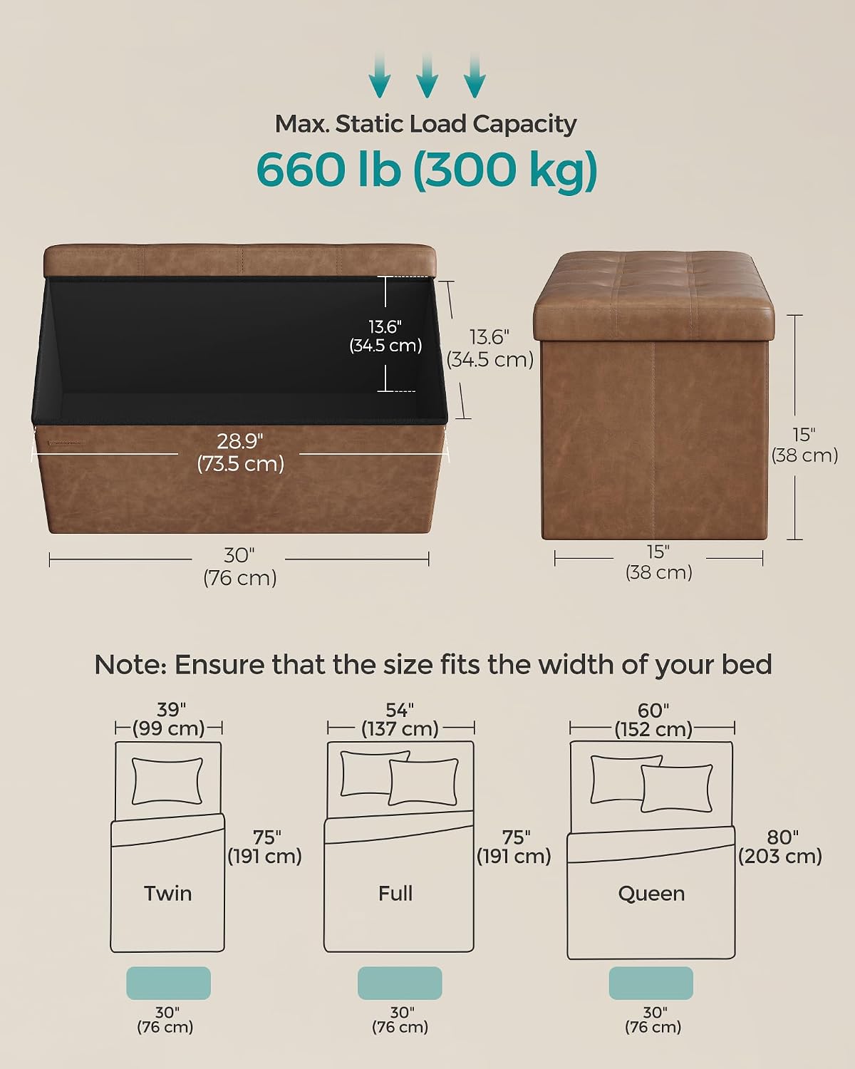 SONGMICS MAZIE Collection - 43 Inches Folding Storage Ottoman Bench, Ottoman with Storage, Foot Rest Stool, Load 660 lb, for Living Room, Synthetic Leather, Black ULSF701