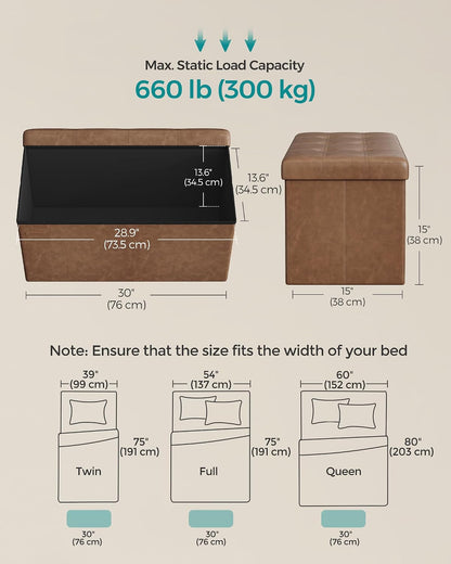 SONGMICS MAZIE Collection - 43 Inches Folding Storage Ottoman Bench, Ottoman with Storage, Foot Rest Stool, Load 660 lb, for Living Room, Synthetic Leather, Black ULSF701