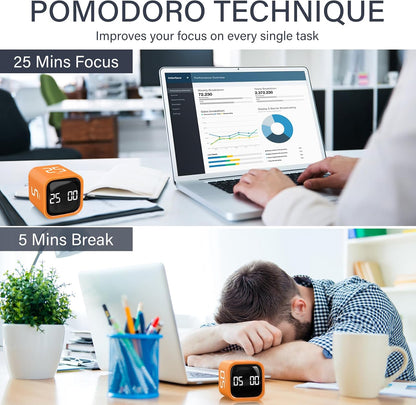 Rotating Pomodoro Timer 5, 25, 10 50 Minutes Preset, Desk Productivity Flip Timer, ADHD Tool Cube Countdown Stopwatch, Vibration/High/Low Volume/Custom Modes, for Work, Study, Back to School, Kitchen