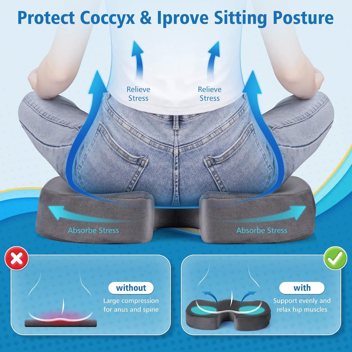 CloudBliss Gel Seat Cushion - Cooling Gel Enhanced Memory Foam Ergonomic Seat Cushion for Long Sitting for Office, Game, Car, Automotive, Airplane (Large, Black)