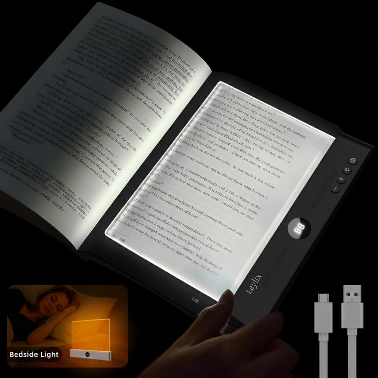 LED Flat Book Light for Reading at Night in Bed, Black