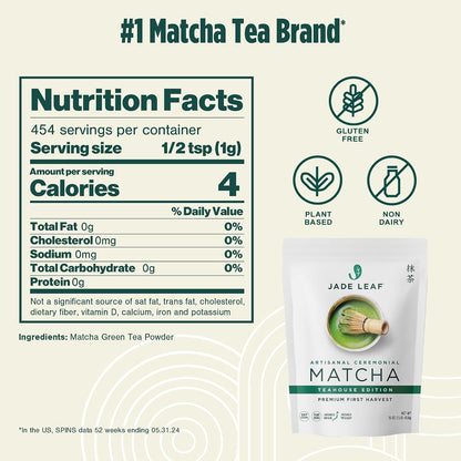 Jade Leaf Matcha - Artisanal Barista Edition - Ceremonial Grade, First Harvest, Authentic Japanese Origin Matcha Powder for Café Quality Tea & Lattes, 50 Servings (1.76 Ounce Pouch)