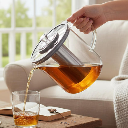 Aquach 68oz Glass Tea Pot with Infuser, Stovetop Safe Borosilicate Teapot | Dishwasher Safe, Plastic-free, Large Family Capacity, Easy-clean Opening, Loose Leaf Filter