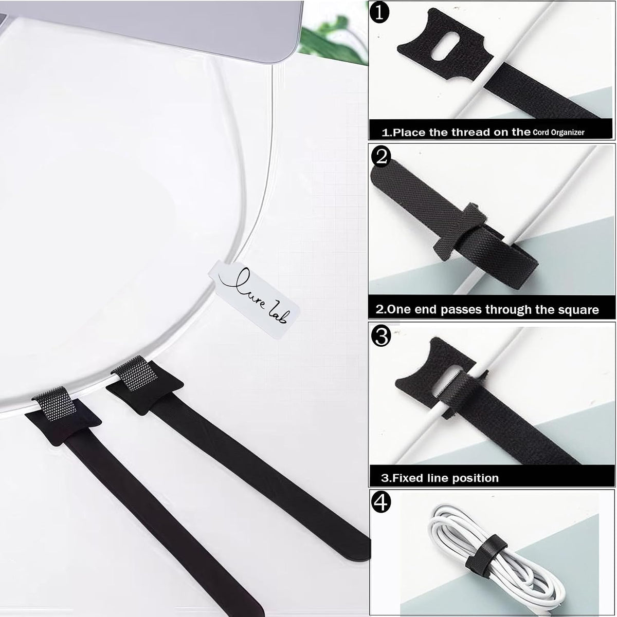 Cable Labels for Cords, 60 Pack Reusable Hook and Loop Ties, 2 Markers
