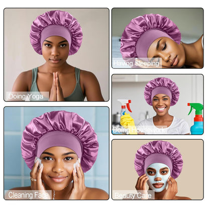 4PCS Silk Satin Bonnets for Black Women & Men - Elastic Wide Band Hair Wrap Cap for Curly Hair - Shower Cap for Sleeping (Black, Peacock Blue, Pink, Khaki)