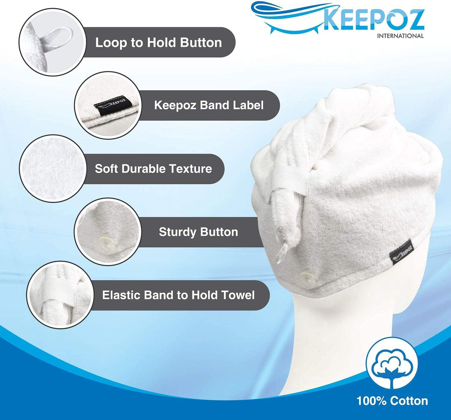 KEEPOZ 100% Cotton Hair Towel Wrap Quick Dry Super Absorbent Turban Head Wrap for Women with Button, Anti Frizz, Hair Cap for Curly, Long & Thick Hair (White, 1 Pc)