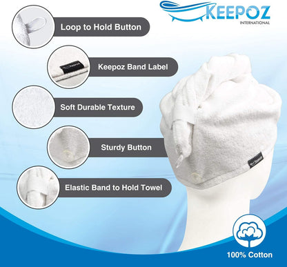 KEEPOZ 100% Cotton Hair Towel Wrap Quick Dry Super Absorbent Turban Head Wrap for Women with Button, Anti Frizz, Hair Cap for Curly, Long & Thick Hair (White, 1 Pc)