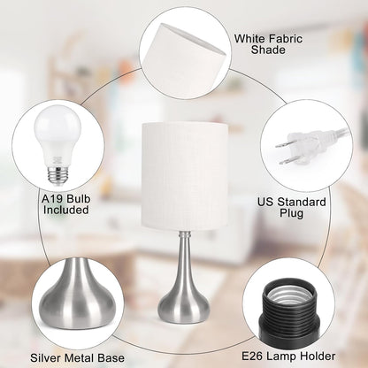 Touch Control Table Lamp, 3 Way Dimmable Simple Night Light Lamp with White Lampshade Silver Metal Base, Small Bedside Table Lamp for Bedroom, Office, Dorm, A19 9W 3000K Bulb Included