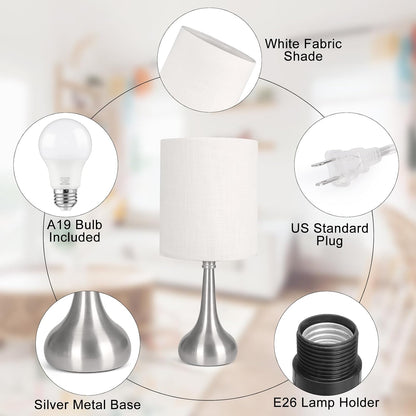 Touch Control Table Lamp, 3 Way Dimmable Simple Night Light Lamp with White Lampshade Silver Metal Base, Small Bedside Table Lamp for Bedroom, Office, Dorm, A19 9W 3000K Bulb Included