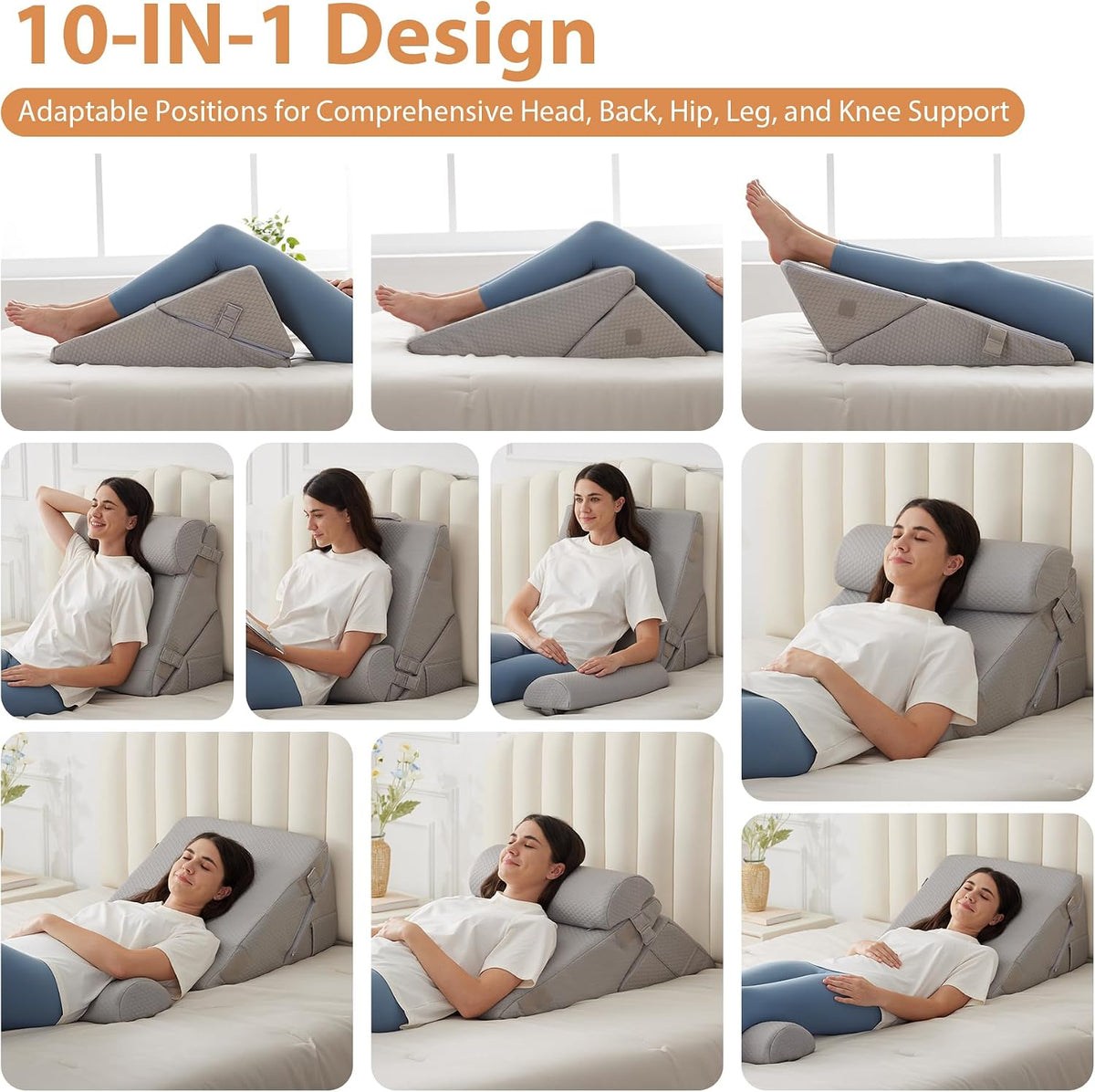 BIEEZZK Wedge Pillow Set for After Surgery, Wedge Pillow for Acid Reflux, Bed Wedge Pillow with Adjustable 9&12inch for Headboard,Sleeping, Orthopedic Memory Foam for Neck&Back Support, White/Grey