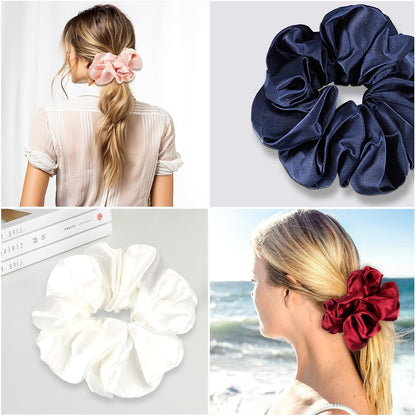 Large Silk Scrunchies for Women - 6PCS Satin Hair Ties Oversized, No Damage Hair Bands Gentle for Thick/Long Hair, Soft & Comfortable for Sleeping, Gym, Travel (Red/Black/Brown)