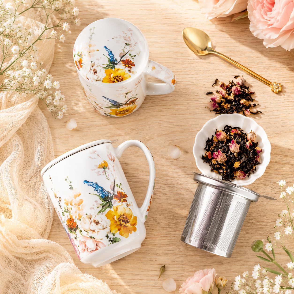 GBhome Tea Mug with Infuser and Lid, 18 Ounce Large Ceramic Loose Leaf Cup, Microwave, Dishwasher Safe, Perfect for Tea Lovers