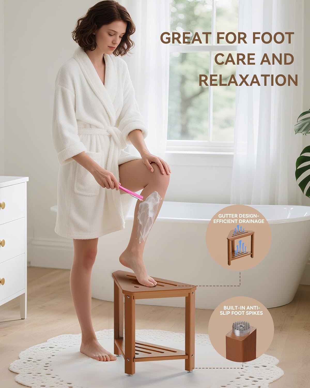 Shower Foot Rest 15in, HDPE Waterproof Shower Stool for Inside Shower, Corner Shower Stool for Shaving Legs with Storage Shelf for Small Space, Shower Step Stool, Plastic Corner Shower Bench, White