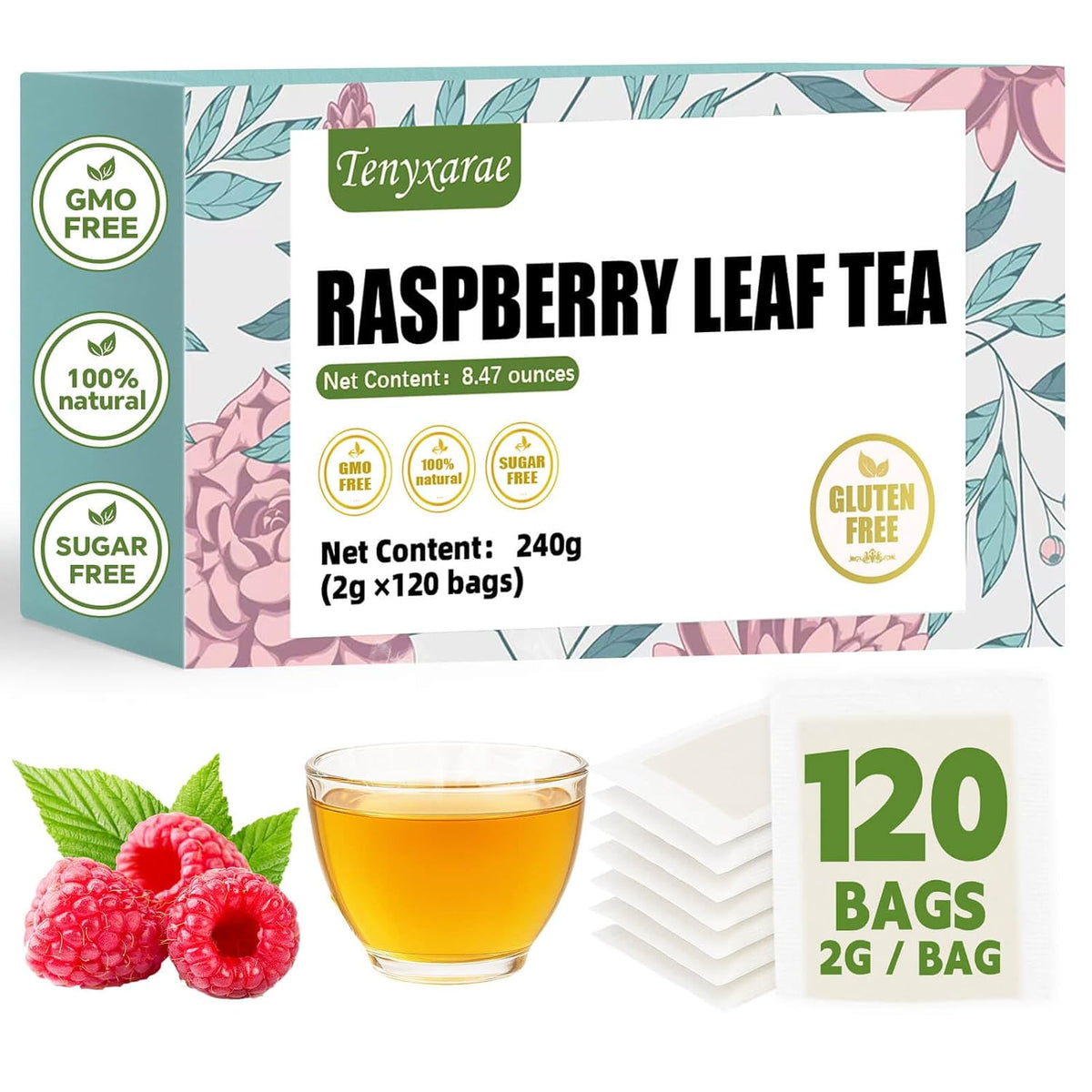 Raspberry Leaf Teabags–120 Tea Bags (2g/Bag), Made from 100% Raspberry Leaves Caffeine-Free | Sugar-Free | Gluten-Free | Vegan | Eco-Friendly Tea Bags