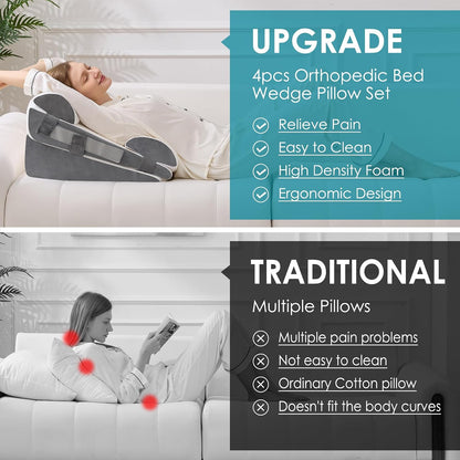 3Pcs Wedge Pillow Set for After Surgery,Acid Reflux Relief, Adjustable Bed Wedge Pillows for Sleeping,Anti Snore, Memory Foam Triangle Pillow for Back&Neck&Shoulder Pain Relief, White&Grey