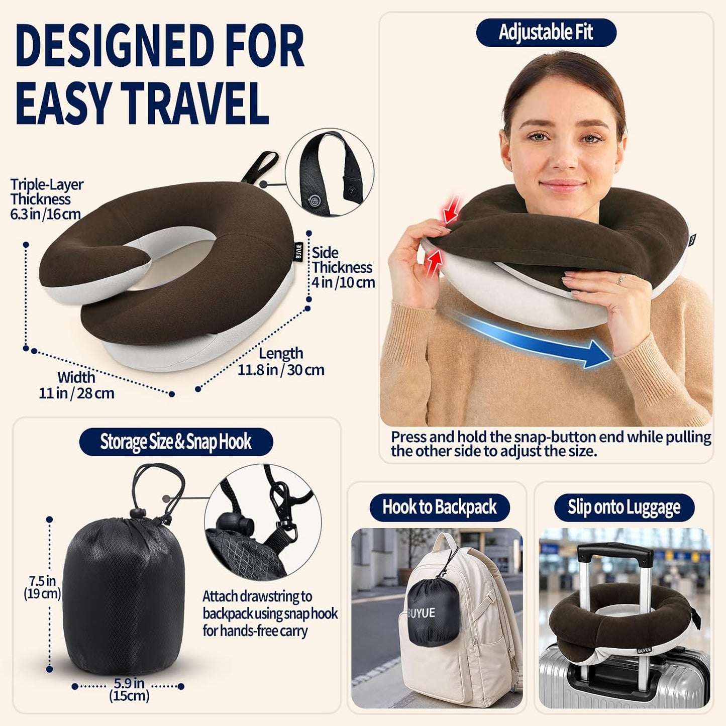 BUYUE Travel Neck Pillows for Airplanes, Memory Foam 360° Head Support Sleep for Long Flight, Skin-Friendly & Breathable, Kit with Eye Mask, Earplugs and Storage Bag (Adult, Grey, 90+ lbs)