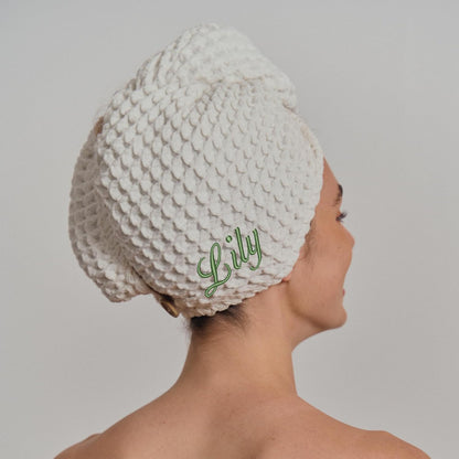 Luxury Organic Japanese Cotton Hair Drying Waffle Towel Wrap for Women | Absorbent, Quick-Dry Head Turban for Shower, Sauna, Spa | Extra Large for Long, Curly, Straight Hair With Button (White, 1 Pc)