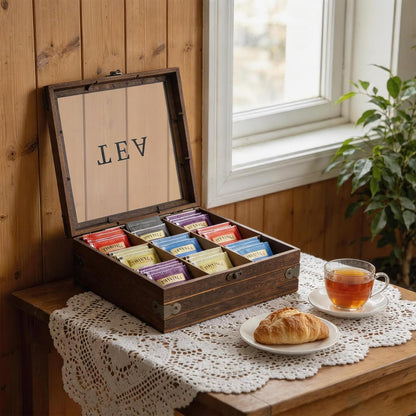 MOLIGOU Wood Tea Box Organizer, Tea Storage Chest with Glass Lid, 9 Compartments, Tea Bag Holder Organizer for Cabinet, Pantry
