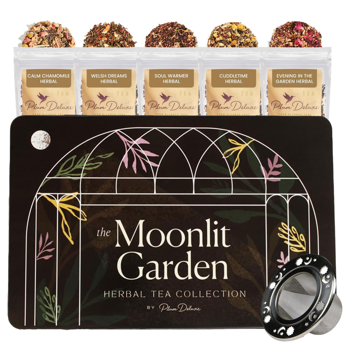 Loose Leaf Tea Sampler – 5 Caffeinated Blends Including Creme Brulee Earl Grey, Peach Oolong, Citrus Mint, Pecan and Floral Black – 75 to 100 Cups – Handcrafted in USA – Plum Deluxe