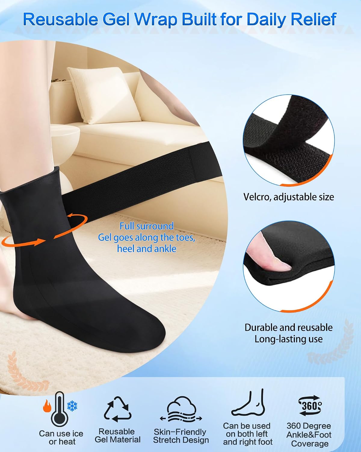 Ankle Ice Pack Wrap for Swelling,Cold/Hot Therapy Ice Pack for Foot,Reusable Gel Ice Compression Socks,for Soothe Plantar Fasciitis,Achilles Tendonitis,Sprained,Pain Relief,for Women & Men,1 Pack