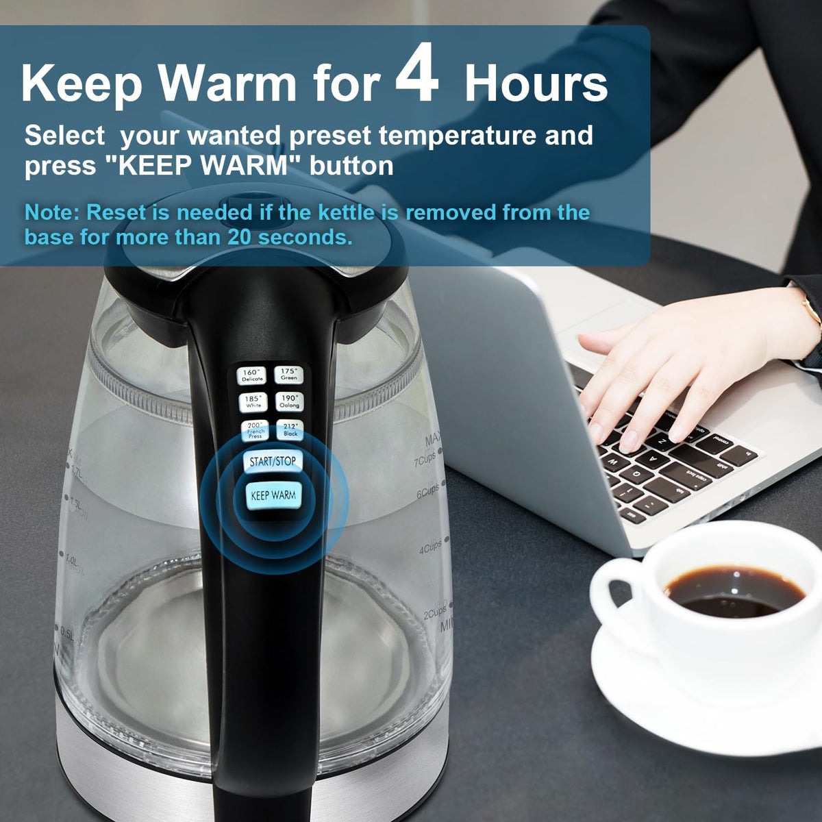 Cool Touch Electric Kettle with 6 Temp Presets for Tea/Coffee
