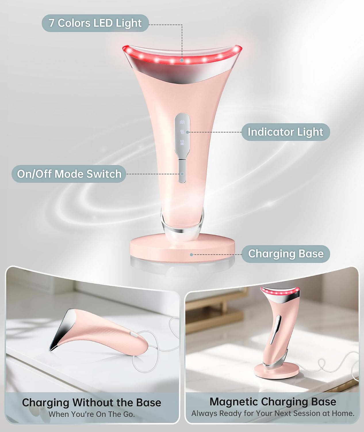 Dopsikn 7 Color Galvanic Machines - Red Light Therapy for Face and Neck, Face Massager Tool for Wrinkles, Double Chin, Vibrating Facial Massager with Thermals, Pink
