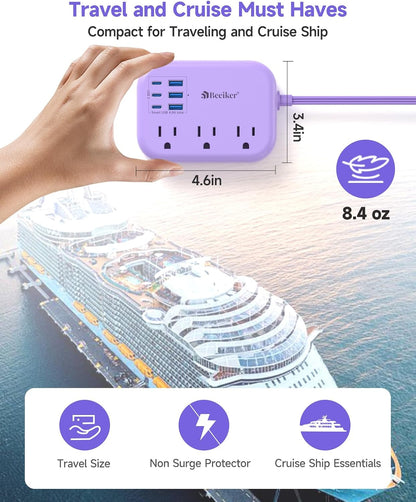 6 USB(3 USB C) Power Strip- Travel Power Strip with 6 USB Desktop Charging Station 24W/4.8A and 3 Outlets, 5Ft Flat Plug Braided Extension Cord, Non Surge Protector for Cruise Ship Travel Office Dorm