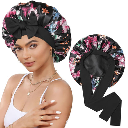 Satin Bonnet for Sleeping Cap Double Layer Hair Bonnet with Elastic Tie Band for Curly Hair Night Cap (Bean Paste + Pink)