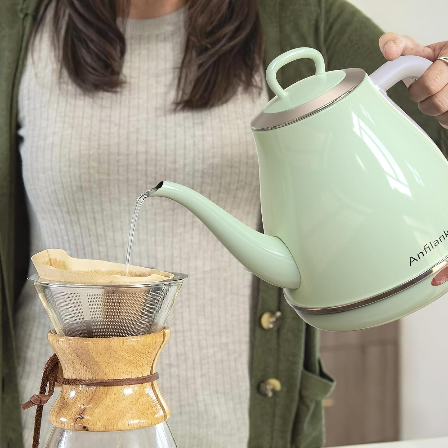 Anfilank Electric Gooseneck Kettle, 1L 1500WFast Boil, 100% Stainless Steel BPA Free Pour-Over Coffee & Tea Kettle,Water Boiler with Auto Shut & Boil-Dry Protectio,Green