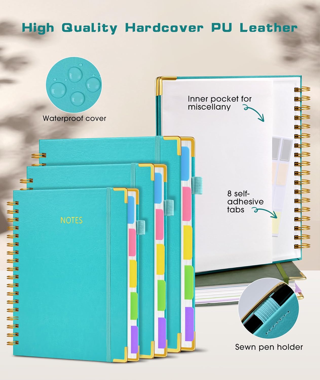 Hardcover Spiral Notebook journal with Removable Dividers Tabs, 300 Pages Leather 5 Subject Notebook College Ruled, 8"x10" Large B5 Notebooks for Work School Note taking, Lined Journal for Women,Black