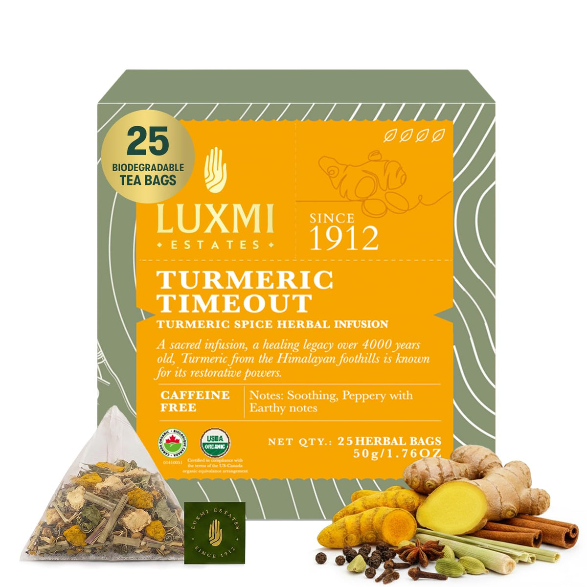 Luxmi Estates Turmeric Time-Out Herbal Tea 25 Tea Bags (50g) Pack