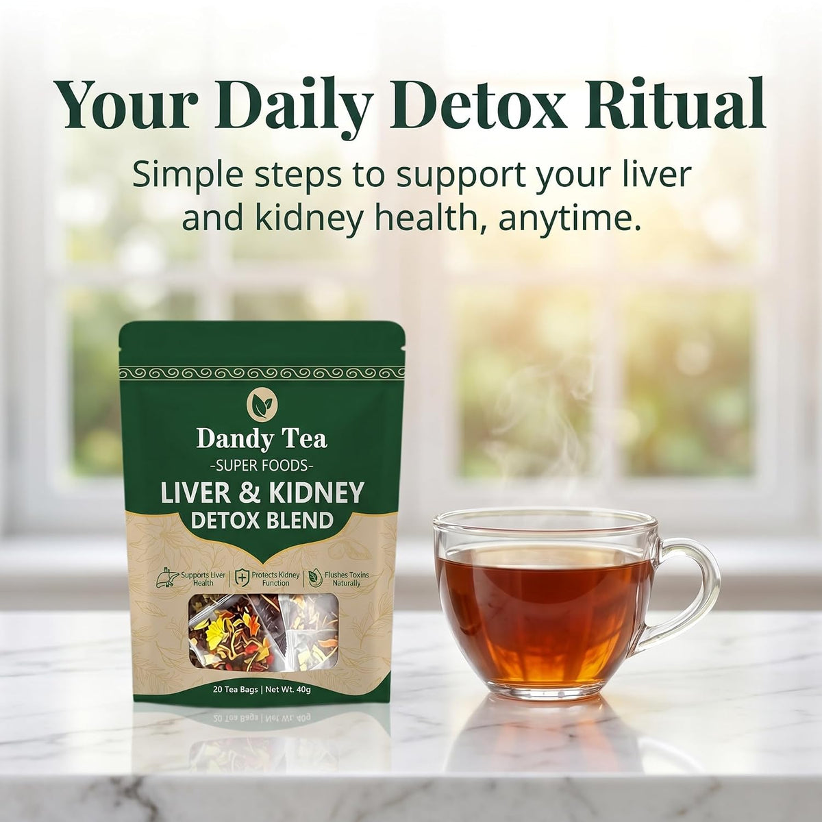Dandy Superfoods Liver and Kidney Detox Tea,Liver Detox Tea - Dandelion Goji Berry Tea | Natural Herbal Blend - 20 packs
