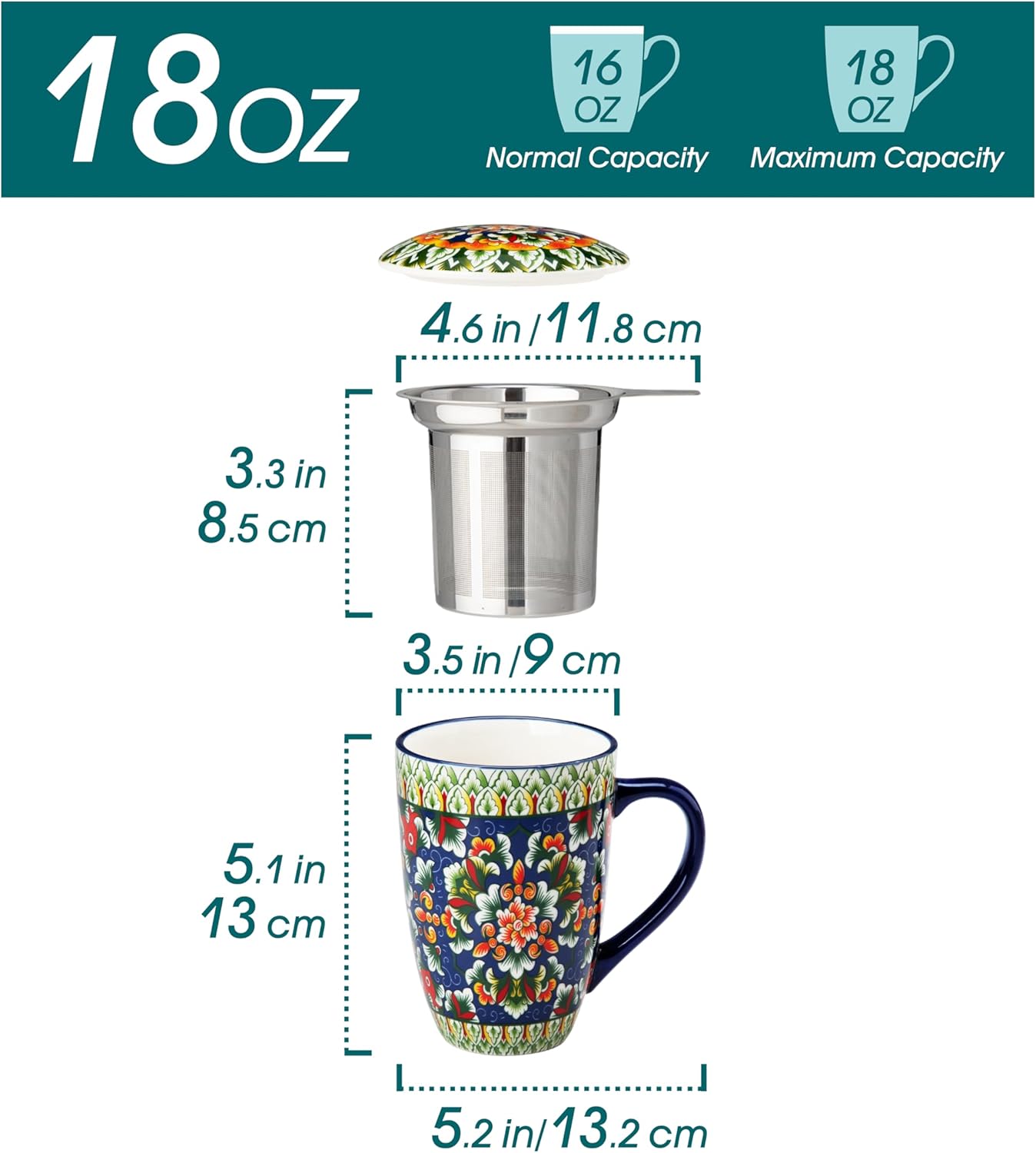 vancasso Ceramic Tea Mug with Infuser and Lid, 18 Ounce Bohemian Loose Leaf Cup, Microwave & Dishwasher Safe, Perfect for Tea, Coffee, Burnt-Cobalt Mandala