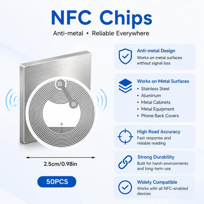 50 Pcs NTAG215 NFC Tags Sticker, Anti-Metal NFC Stickers 25mm Round