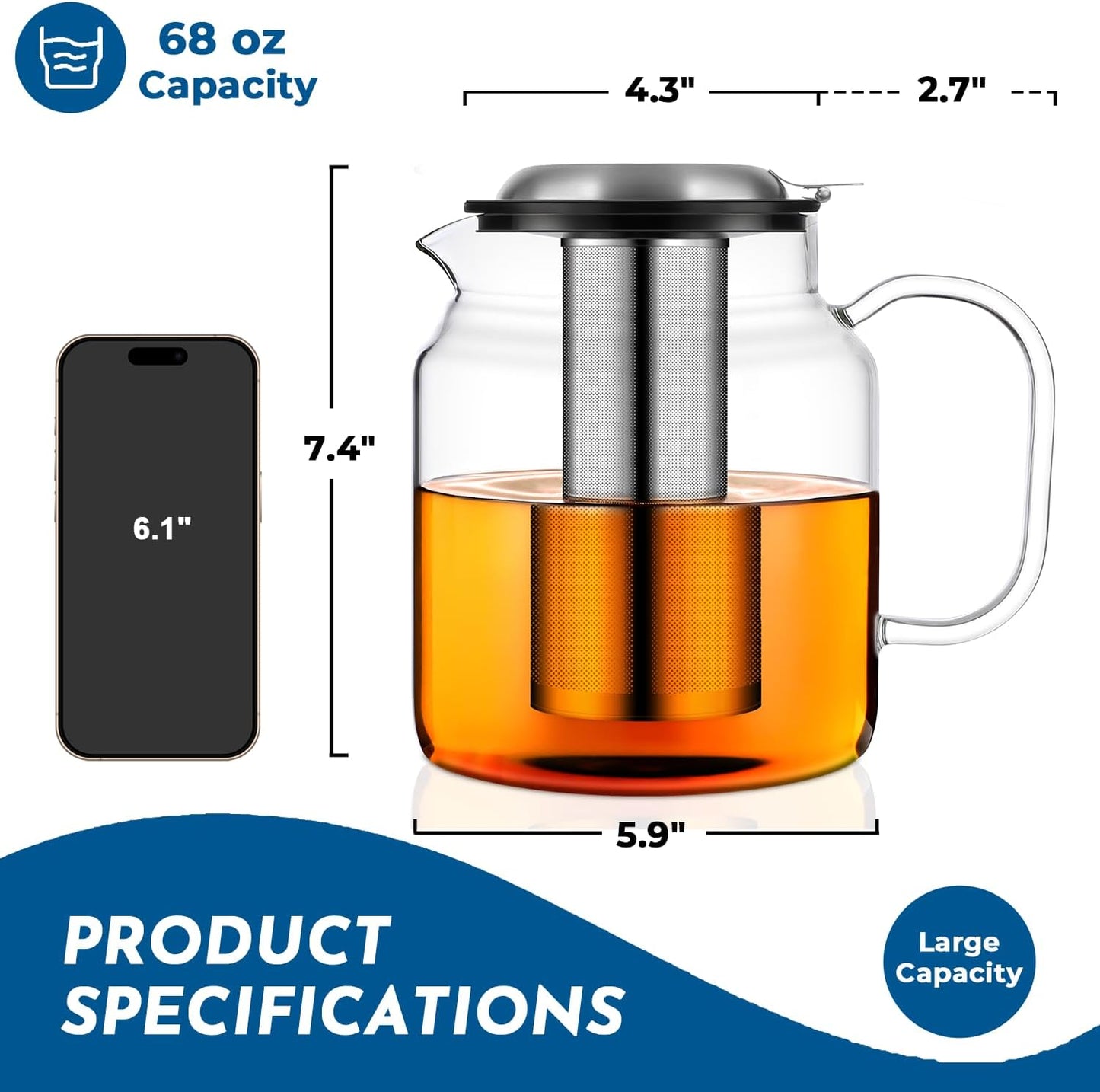 Aquach 51oz Glass Teapot with Infuser, Stovetop Safe Borosilicate Tea Pot | Dishwasher Safe, Plastic-free, Precise Loose Leaf Filter, Easy-clean Opening, Sharing Capacity