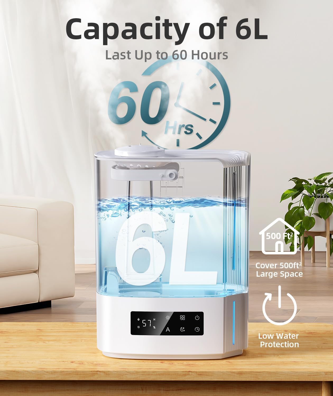 BREEZOME 6L Humidifiers for Bedroom Large Room & Essential Oil Diffuser, Ultrasonic Top Fill Cool Mist Humidifiers for Baby, Plants, Nursery Last up to 60 Hours, Smart Humidistat Control, Quiet, Black