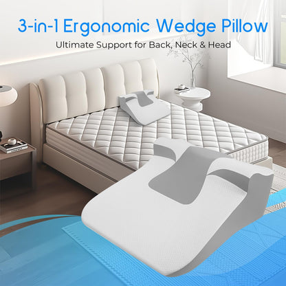 Bed Wedge Pillow for Sleep Apnea, Acid Reflux& Snoring Relief, Post-Surgery Recovery Pillow with Ergonomic 3-in-1 Certified Memory Foam for Back, Neck& Head Support (Pearl White)
