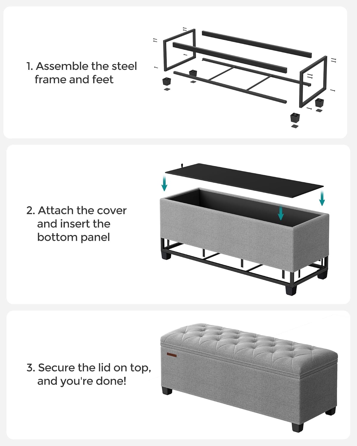SONGMICS Storage Ottoman Bench, Foot Rest with Legs, 15.7 x 43.3 x 15.7 Inches, End of Bed Bench, Storage Chest, Load up to 660 lb, for Living Room, Bedroom, Entryway, Dark Gray ULSF088G01