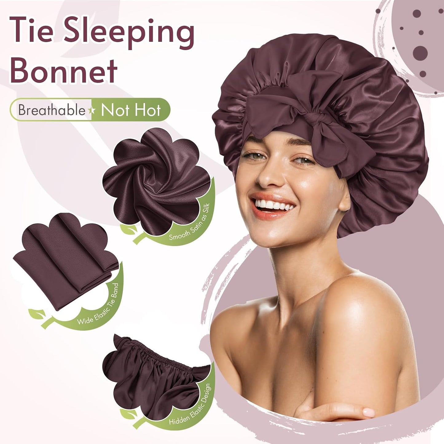 BONNET QUEEN Silk Bonnet for Sleeping for Women Satin Bonnet Night Cap for Curly Hair with Tie Band, Single Layer, Cream Pink