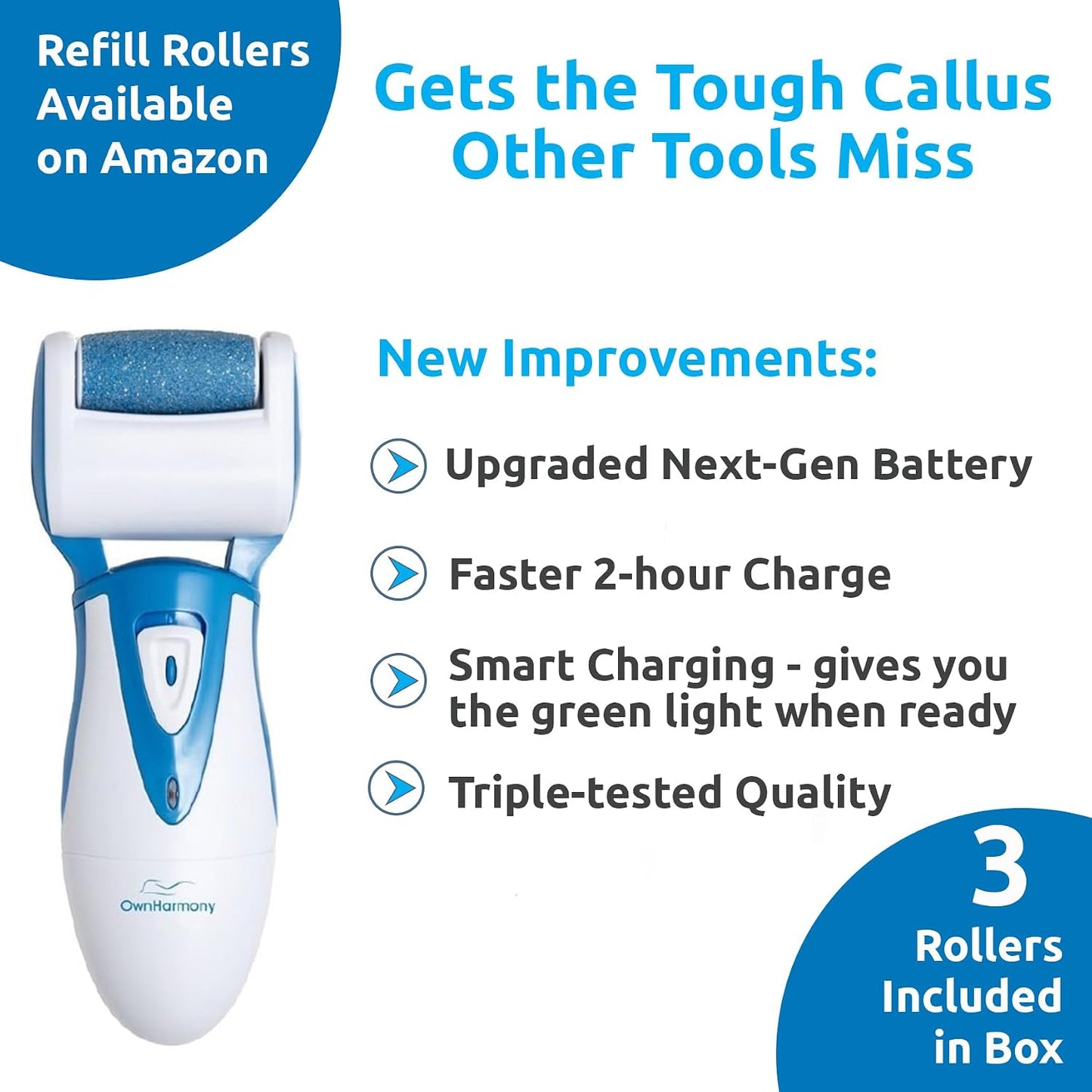 Electric Callus Remover: Rechargeable Electronic Foot File CR900 by Own Harmony (Powerful Motor) Best Pedicure Tools w 3 Rollers Professional Pedi Feet Care Sander for Cracked Heels and Hard Skin