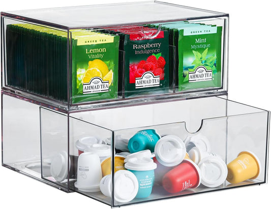 CLUQMEIK 2 Large Acrylic Tea Bag Organizer, 9 Grids Tea Organizers and Storage with Acrylic Drawers Stackable, Teabag Holder Organizer for Counter Countertop Kitchen Cabinet