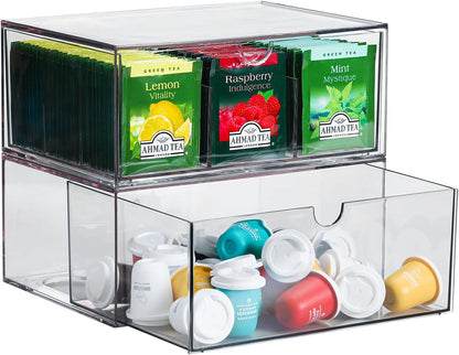 CLUQMEIK 2 Large Acrylic Tea Bag Organizer, 9 Grids Tea Organizers and Storage with Acrylic Drawers Stackable, Teabag Holder Organizer for Counter Countertop Kitchen Cabinet