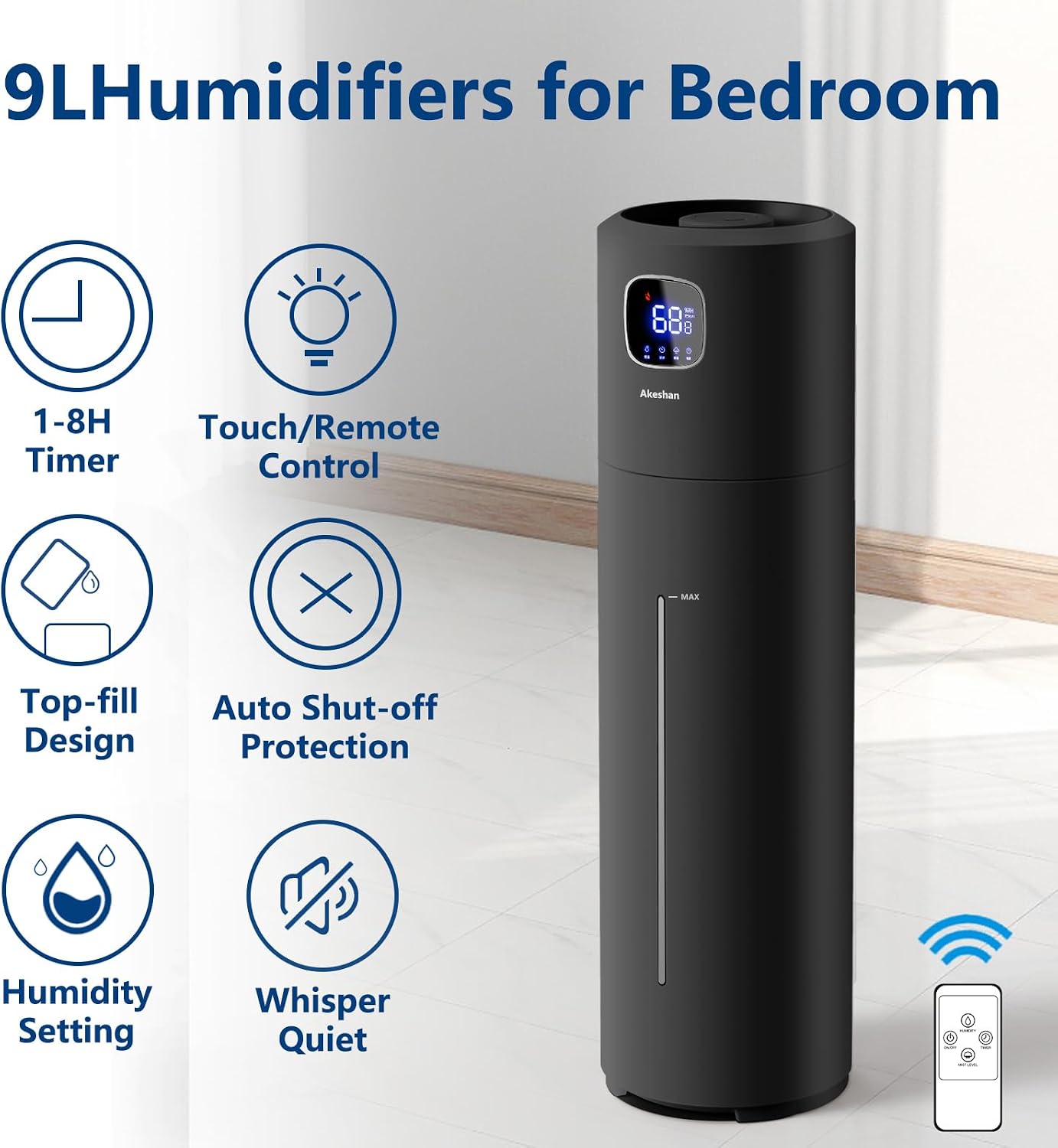 Akeshan Large Humidifiers for Bedroom, 9L/2.5Gal Ultrasonic Cool Mist Humidifier, Top Fill Easy Clean with 350ML/H Large Mist Speed, Quiet, Suitable for Kids Room Plant Yoga Office Study Room Living