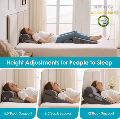 3Pcs Wedge Pillow Set for After Surgery,Acid Reflux Relief, Adjustable Bed Wedge Pillows for Sleeping,Anti Snore, Memory Foam Triangle Pillow for Back&Neck&Shoulder Pain Relief, White&Grey
