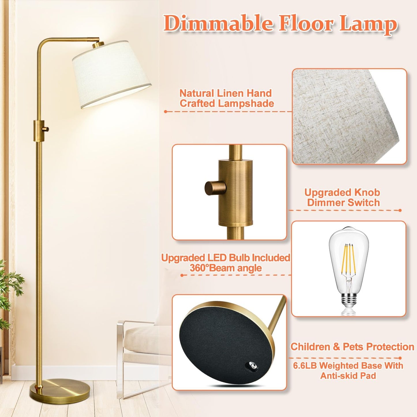 【Upgraded】 Dimmable Floor Lamp, 1000 Lumens LED Edison Bulb Included, Arc Floor Lamps for Living Room Modern Standing Lamp with Linen Shade, Tall Lamp for Bedroom Office Dining Room- Black