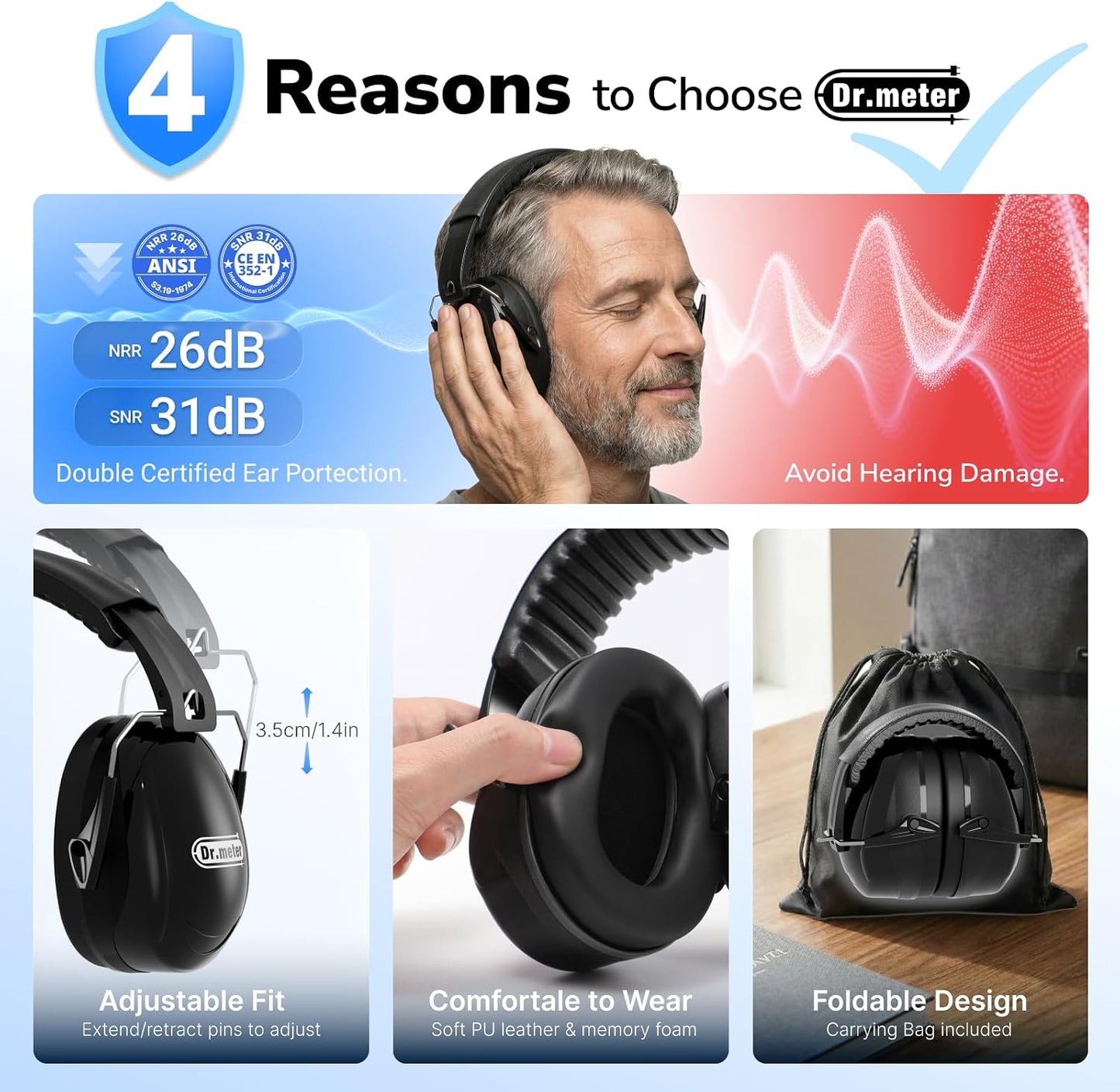 Dr.meter Ear Protection Ear Muffs, Noise Cancelling Headphones for Adults Kids 31dB Earmuffs for Noise Reduction, Hearing Protection for Shooting Gun Range, Mowing, Monster Jam, Sensory, Fireworks